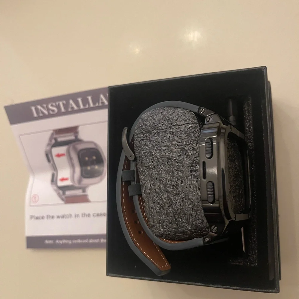 Leather Bands with Stainless Steel Case for Fitbit Versa 1 2 3 4 Lite Sense 2